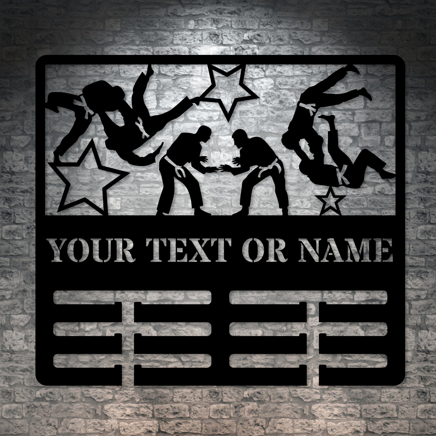 Personalized Male Jiu Jitsu medal holder Name Metal Sign Decor In Black With Custom Text