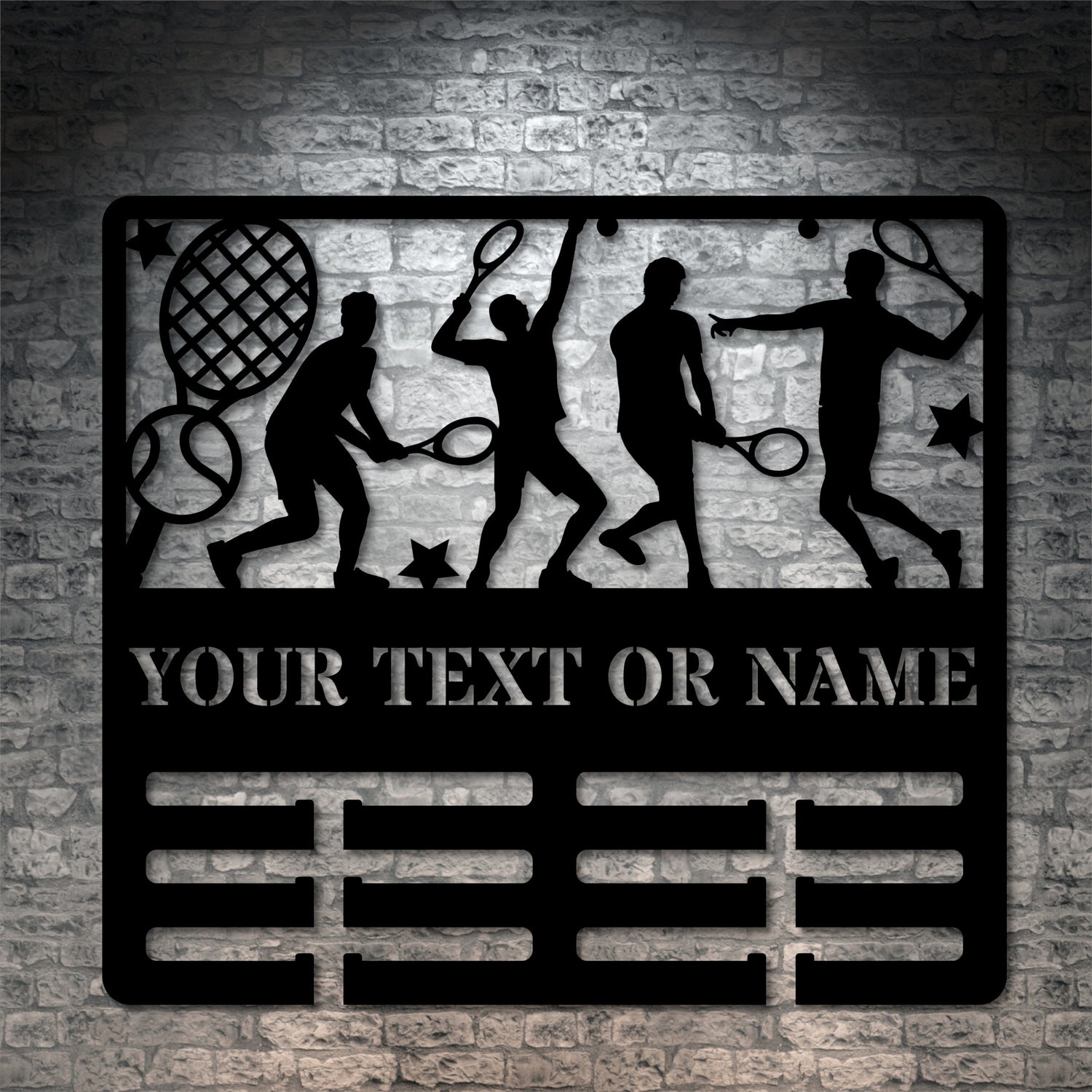 Personalized Male Tennis Player Medal Holder Metal Sign Decor In Black With Custom text