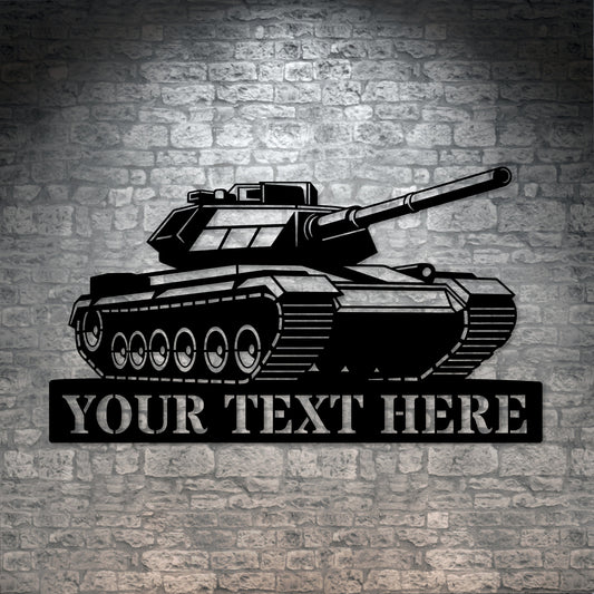 Personalized Military Battle Tank Metal Sign In Black With Custom Text