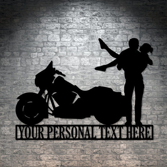 Personalized Motorcycle Love Couple Name Metal Sign Decor In Black With Custom Text