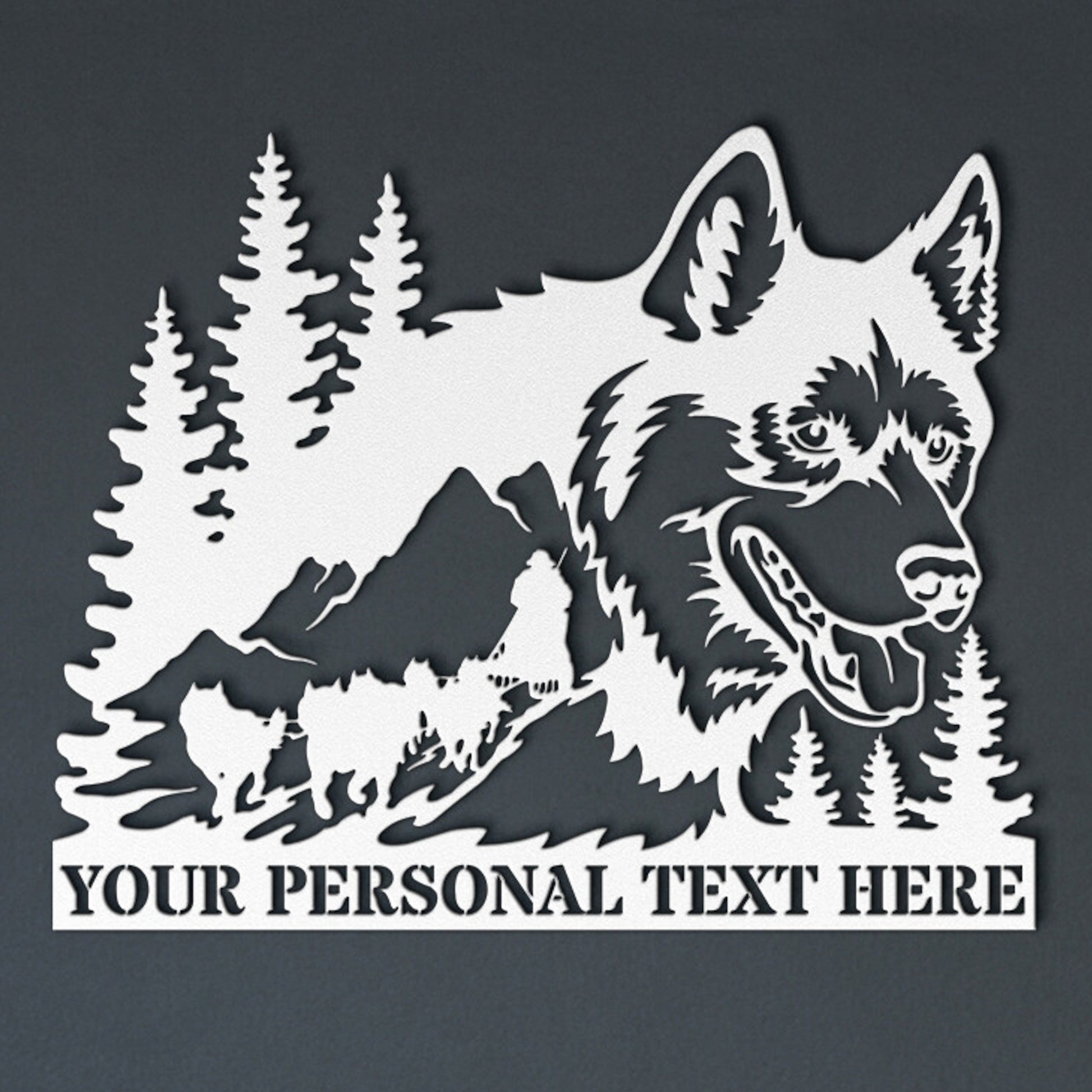 Personalized Husky Sled Dog Portrait Name Metal Sign. Custom Husky Wall Decor Gift. Nature Landscape Design. Mountains Custom Text Monogram