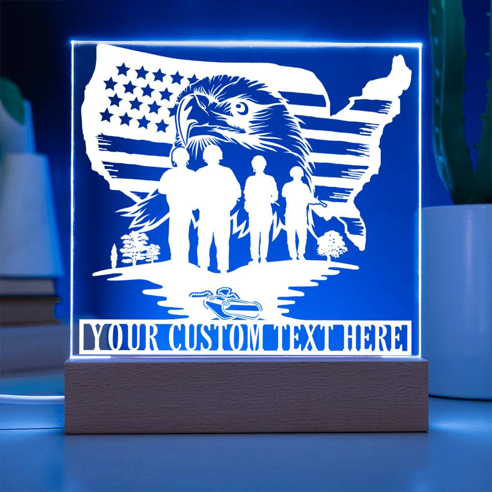Personalized Patriotic US Military Name Acrylic LED Sign In Blue With Custom Text