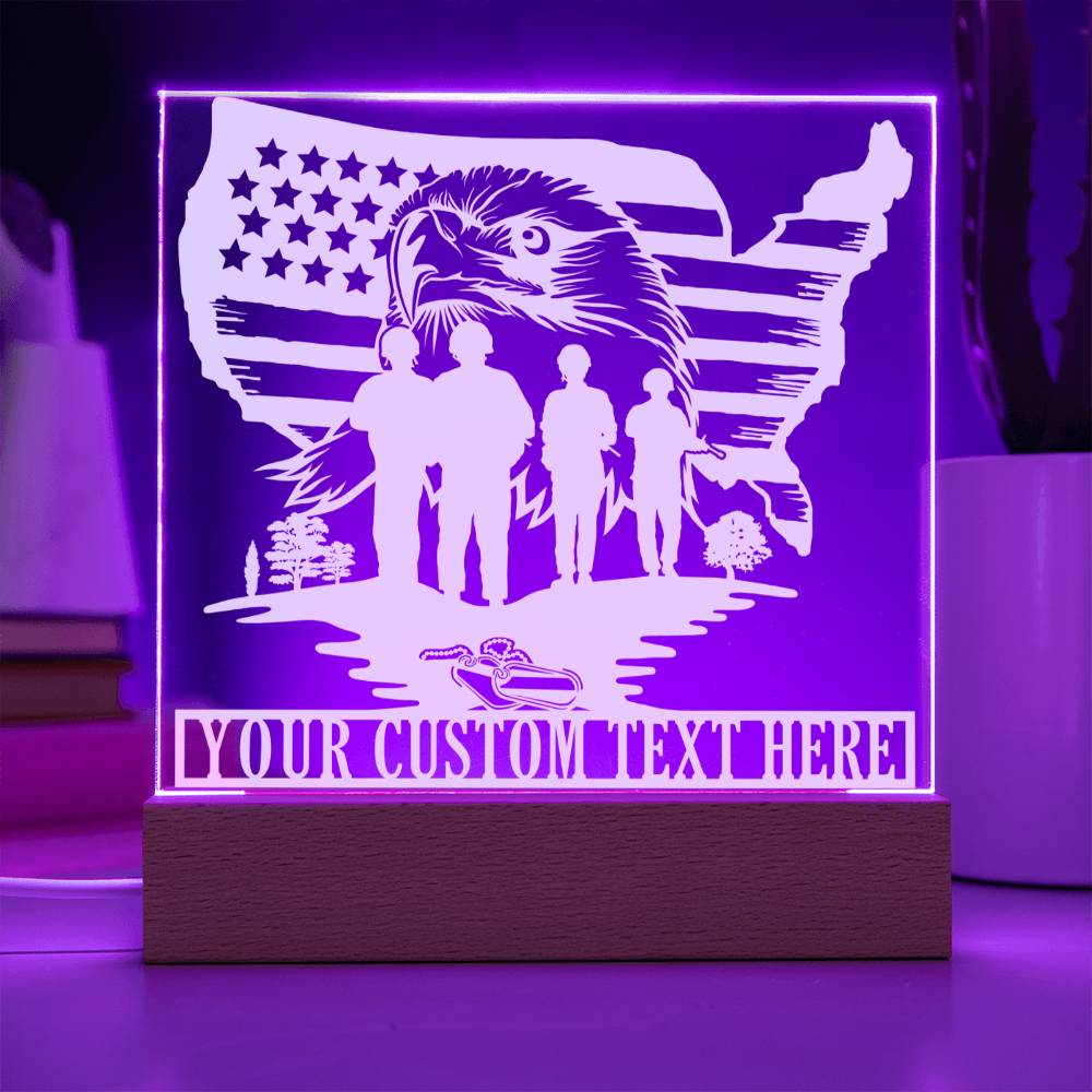 Personalized Patriotic US Military Name Acrylic LED Sign In Purple With Custom Text