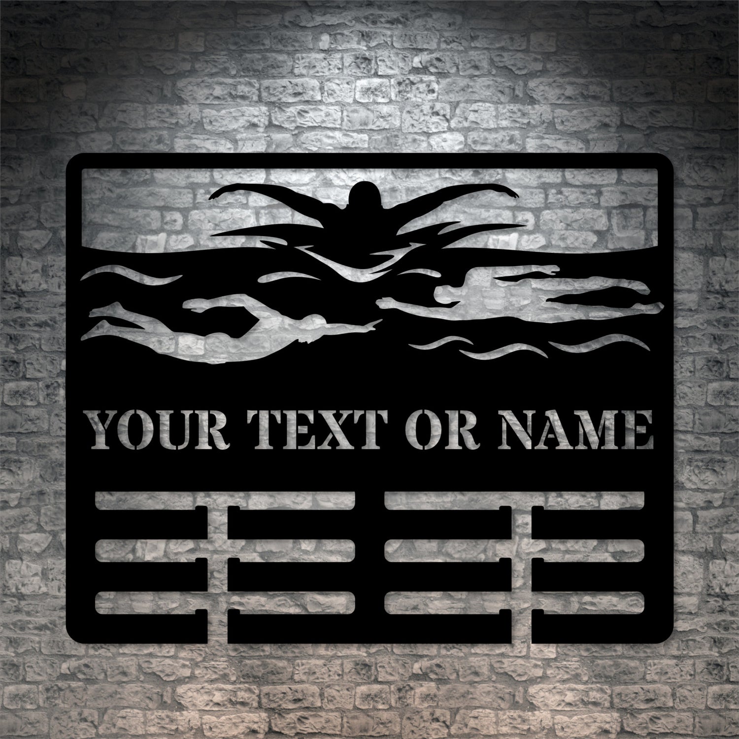 Personalized Swimmer medal holder Name Metal Sign Decor In Black With Custom Text
