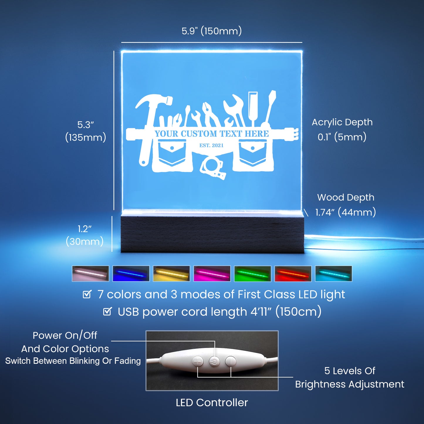 Personalized USB Powered Carpenter Toolbelt LED Acrylic Sign With Custom Text