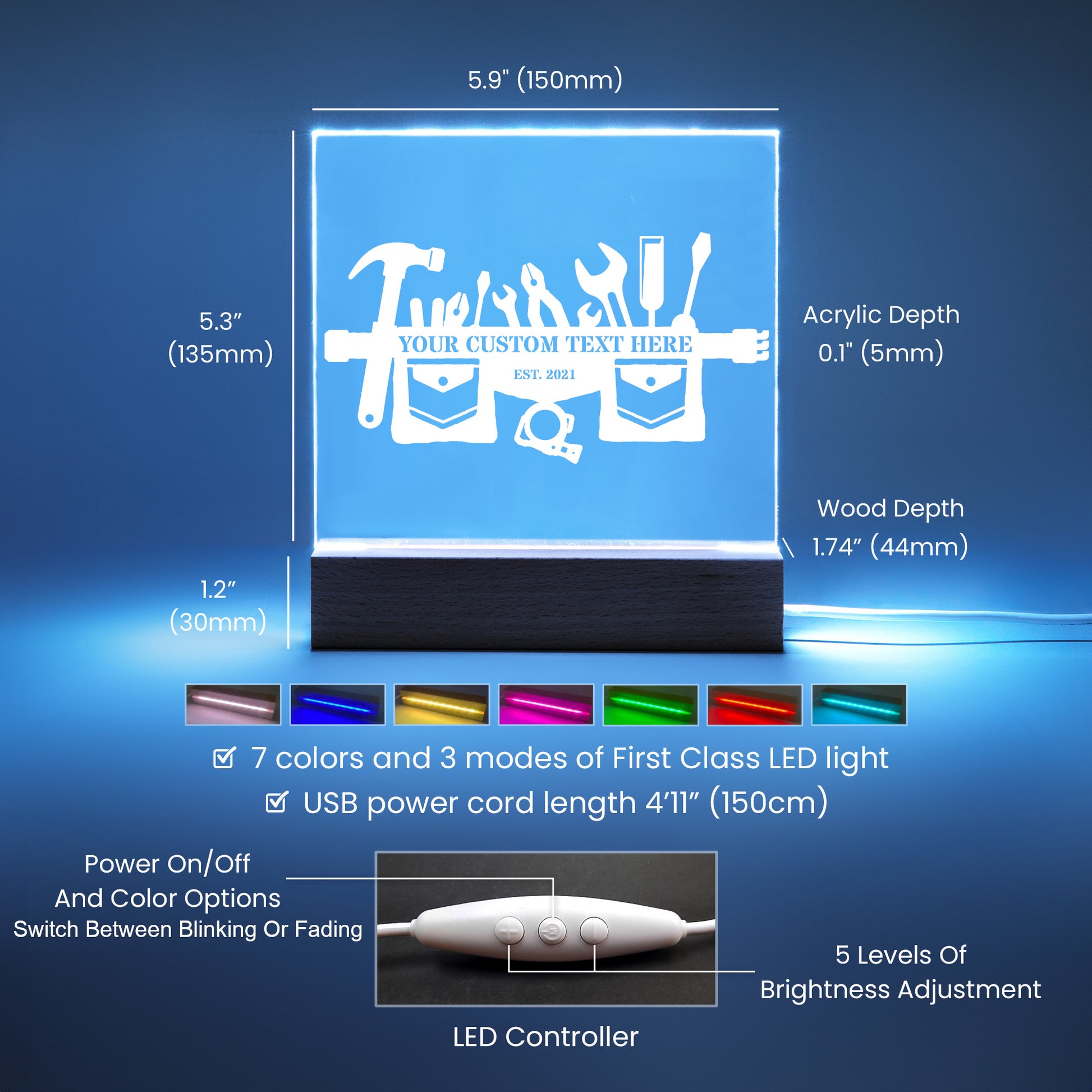 Personalized USB Powered Carpenter Toolbelt LED Acrylic Sign With Custom Text