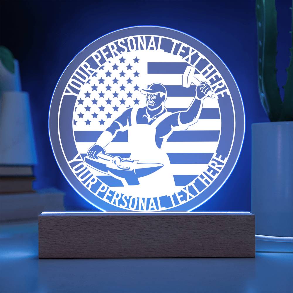 Personalized US Blacksmith Worker LED Sign In Blue With Custom Text