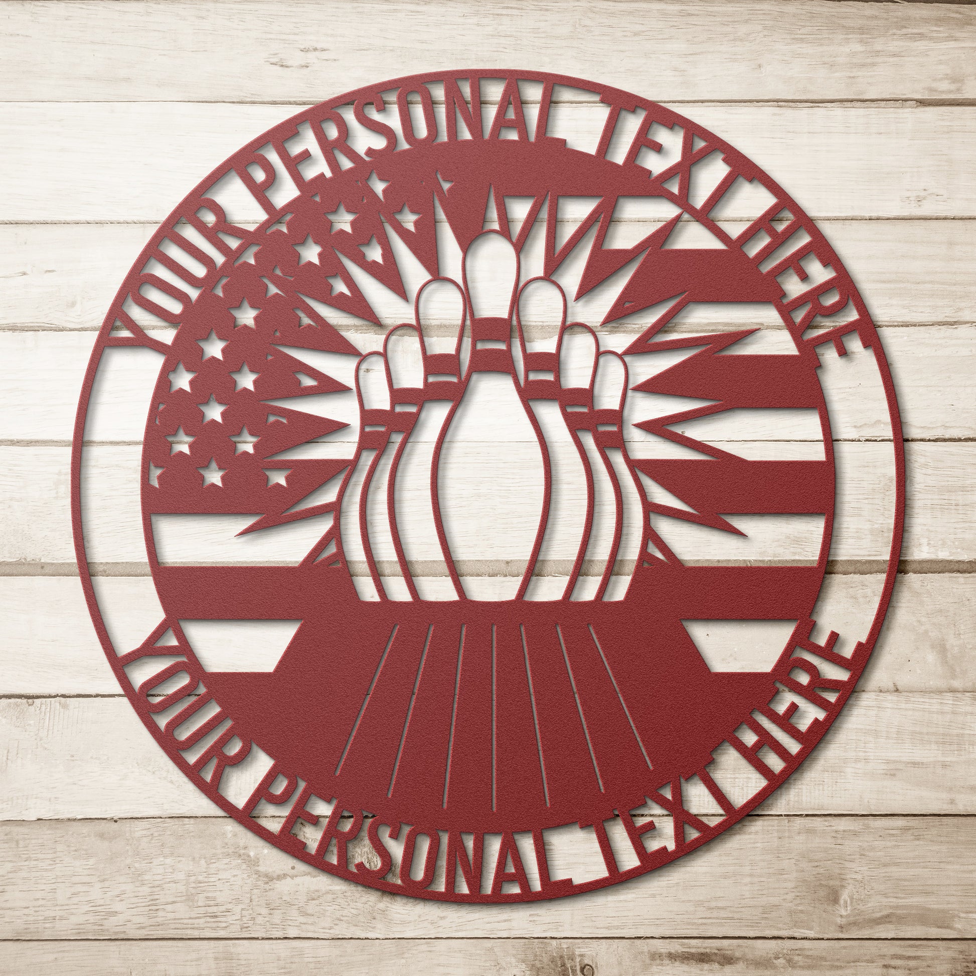 Personalized US Bowling Name Metal Sign Decor In Red With Custom Text