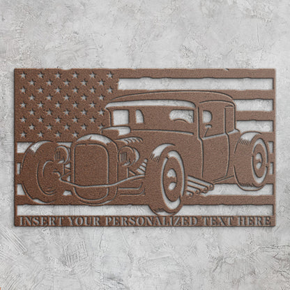Personalized US Hot Rod Name Metal Sign. American Rat Rod Custom Car Wall Decor Gift. Mechanic Garage Wall Hanging. Patriotic Garage Decor