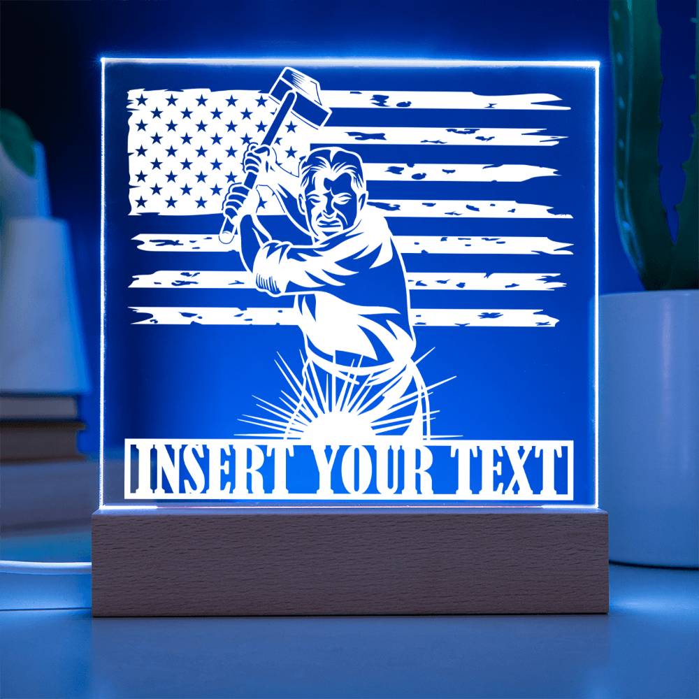 Personalized US Ironworker LED Acrylic Sign Gift In Blue With Custom Text