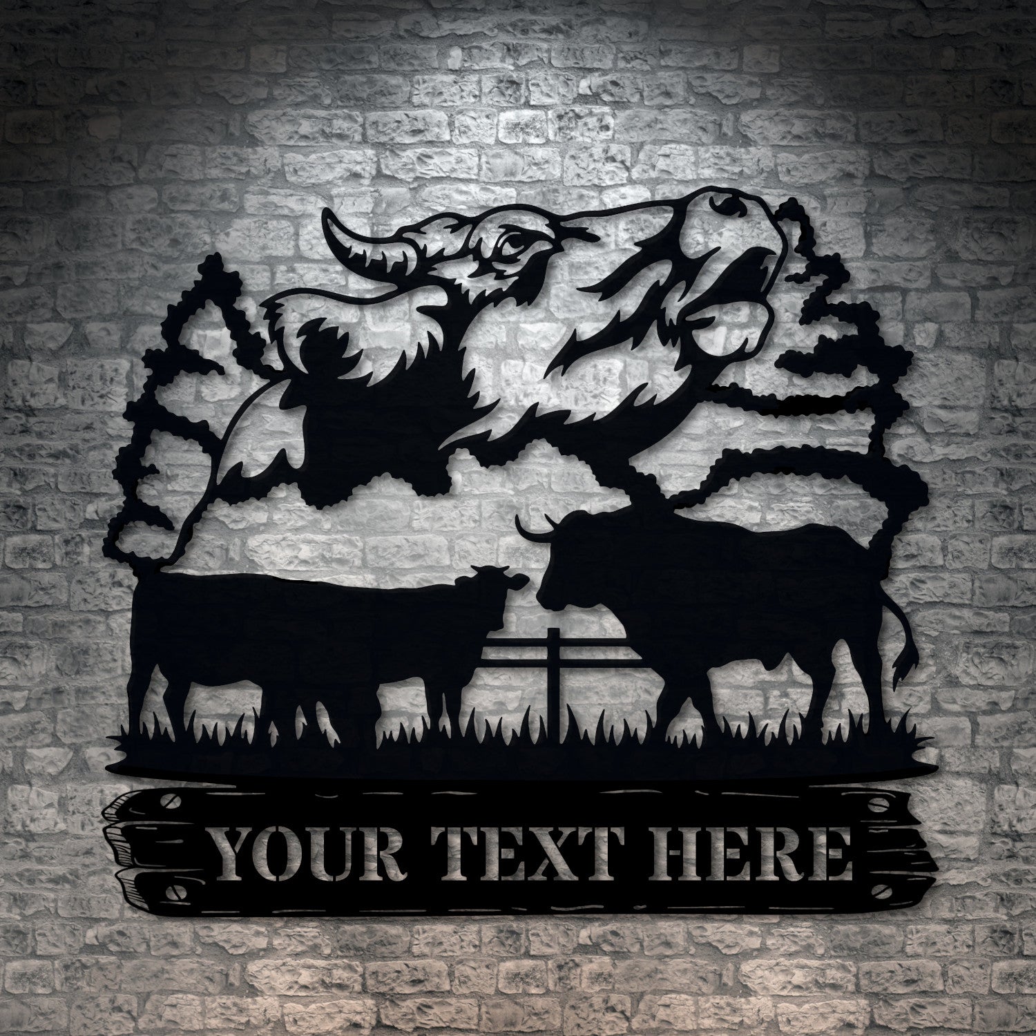 Personalized Wildlife Bull Ranch Name Metal Sign Decor In Black With Custom Text