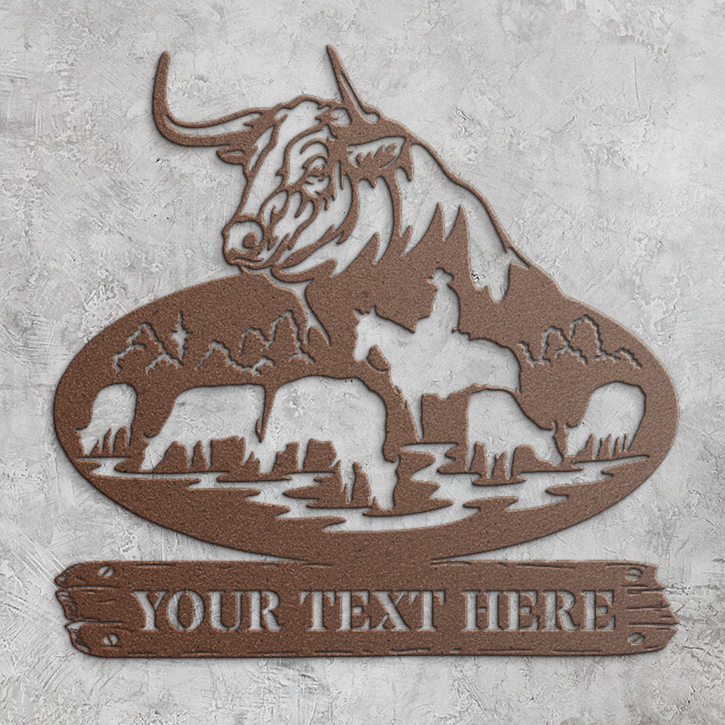 Personalized Bulls And Horse Rider Name Metal Sign Gift. Custom Landscape Wall Decor. Nature Lovers Name Display. Wildlife Animals Portrait