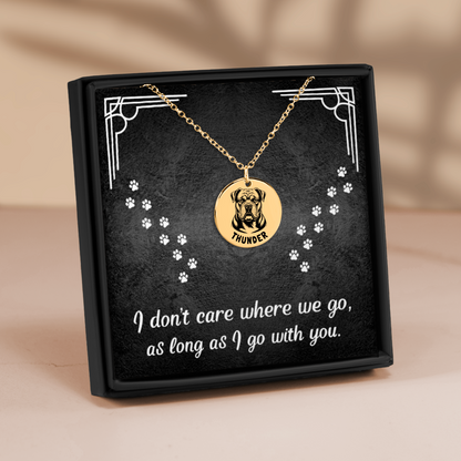 Personalized engraved American Bulldog gold necklace in a jewelry box with a sweet message card..