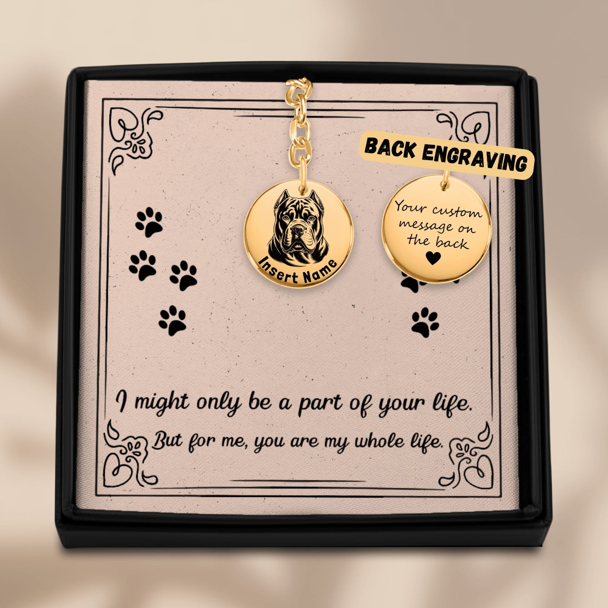 Personalized engraved American Bully gold keychain in a jewelry box with a loving message card
