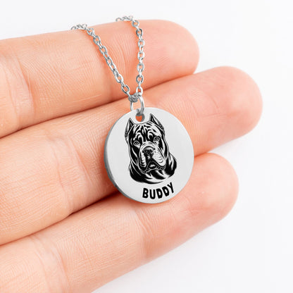 Personalized engraved American Bully silver necklace in a jewelry box with a sweet message card..