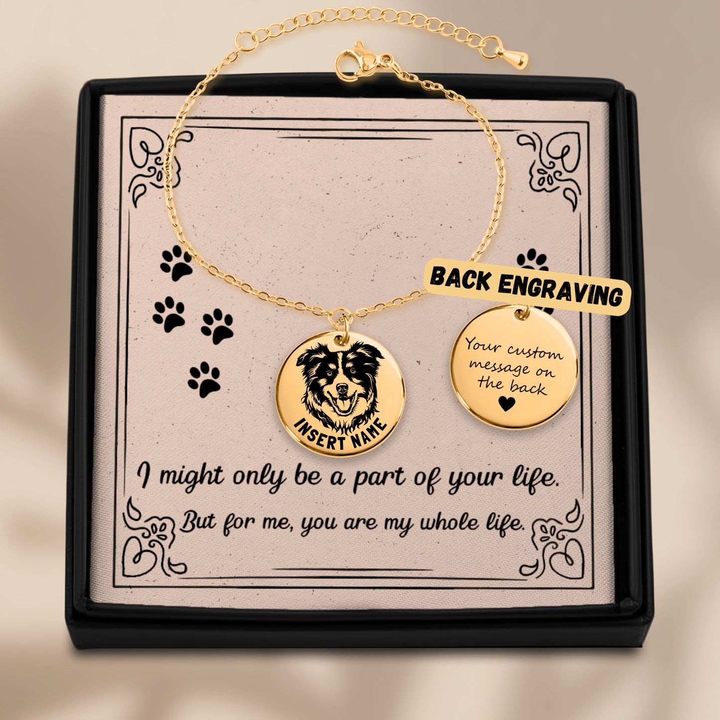 Personalized engraved Australian Shepherd Dog gold bracelet in jewelry box with loving message card