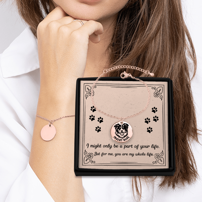 Personalized engraved Australian Shepherd Dog rose gold bracelet in jewelry box with loving message card.
