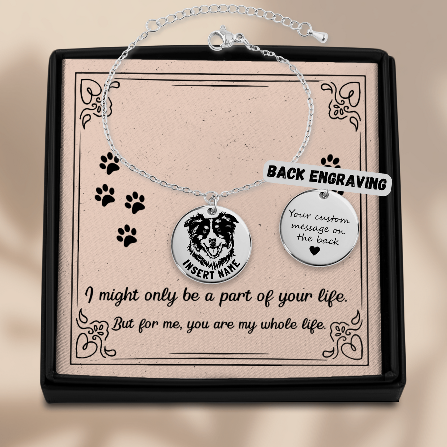 Personalized engraved Australian Shepherd Dog silver bracelet in jewelry box with loving message card