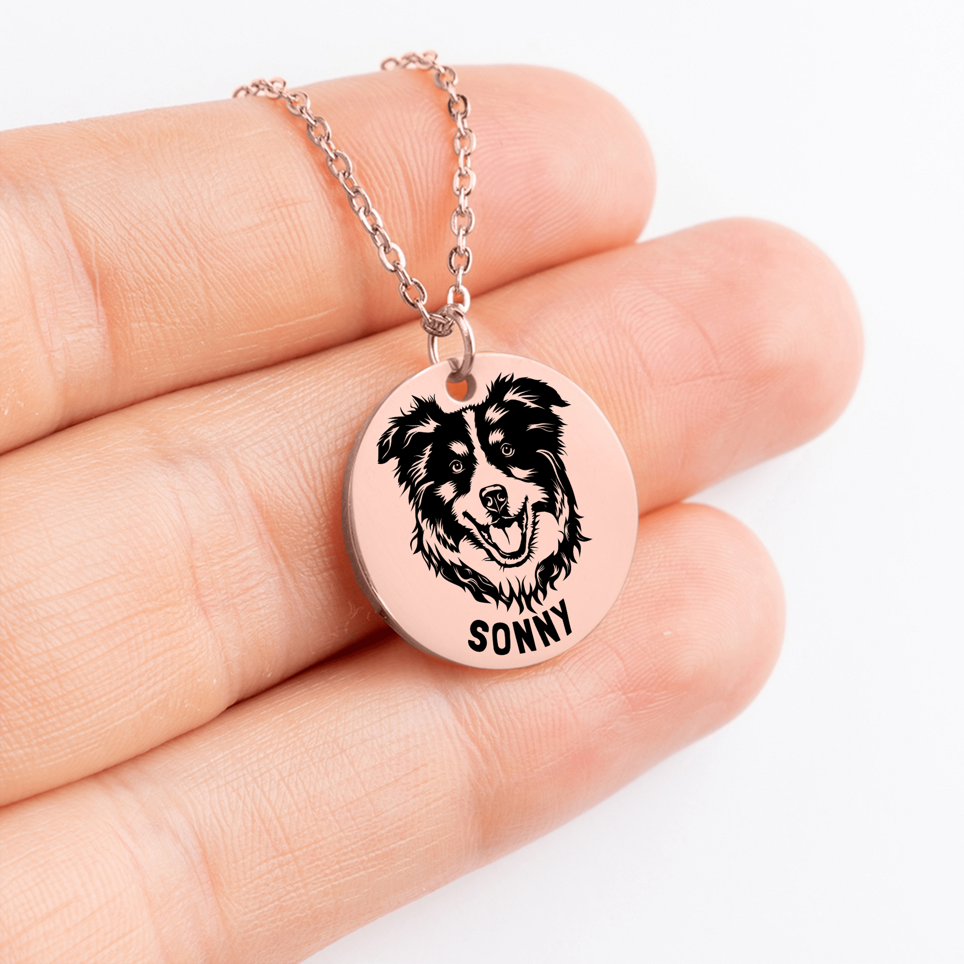 Personalized engraved Australian Shepherd rose gold necklace in a jewelry box with a sweet message card..