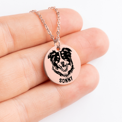 Personalized engraved Australian Shepherd rose gold necklace in a jewelry box with a sweet message card..
