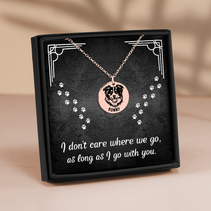 Personalized engraved Australian Shepherd rose gold necklace in a jewelry box with a sweet message card.