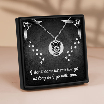 Personalized engraved Australian Shepherd silver necklace in a jewelry box with a sweet message card..