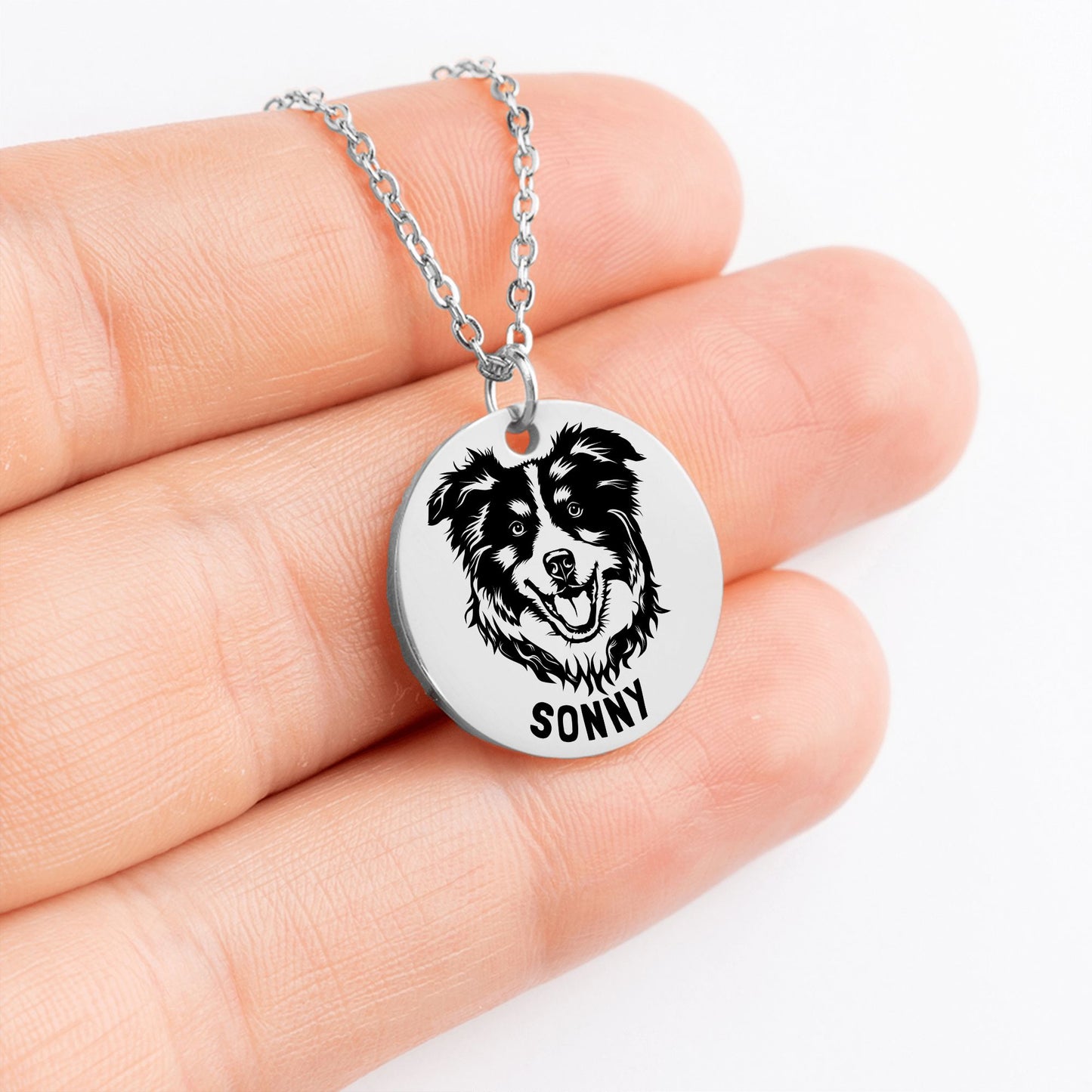 Personalized engraved Australian Shepherd silver necklace in a jewelry box with a sweet message card.