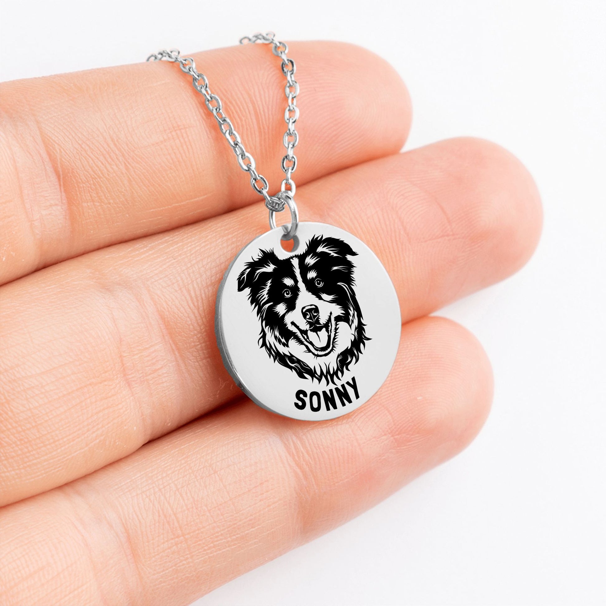 Personalized engraved Australian Shepherd silver necklace in a jewelry box with a sweet message card.