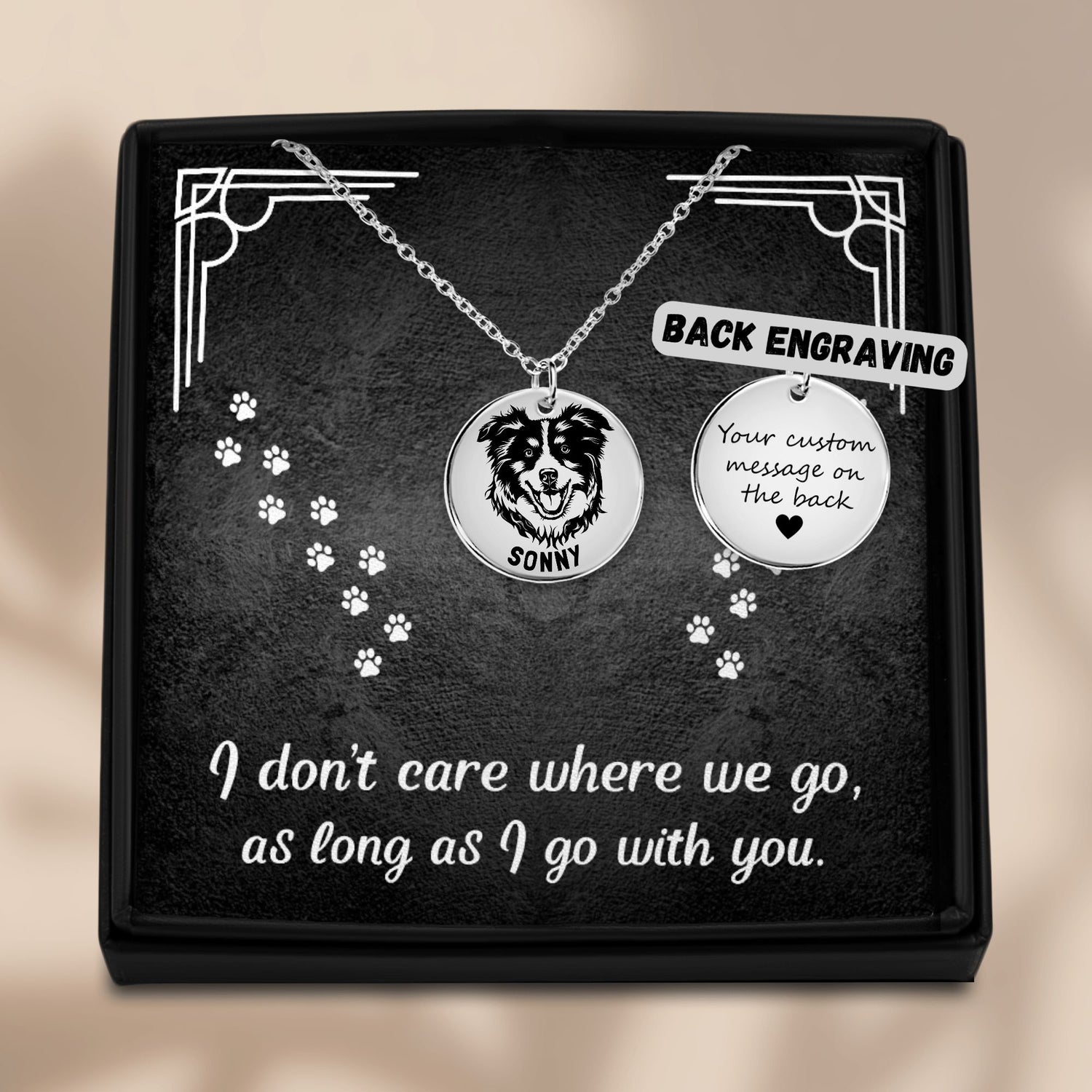 Personalized engraved Australian Shepherd silver necklace in a jewelry box with a sweet message card