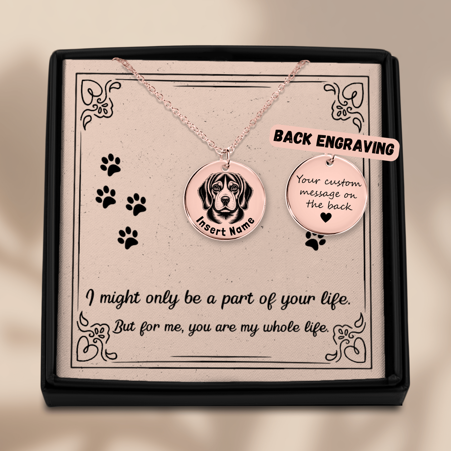 Personalized engraved Beagle Dog Rose Gold necklace in jewelry box with loving message card