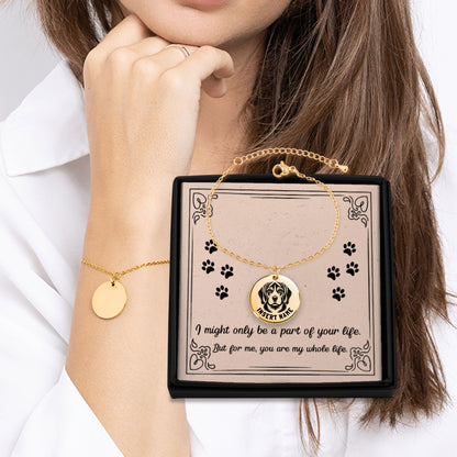 Personalized engraved Beagle Dog gold bracelet in jewelry box with loving message card.