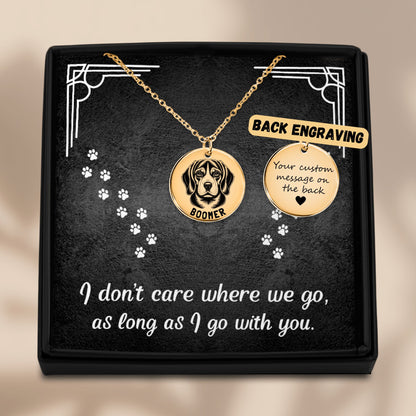 Personalized engraved Beagle gold necklace in a jewelry box with a sweet message card