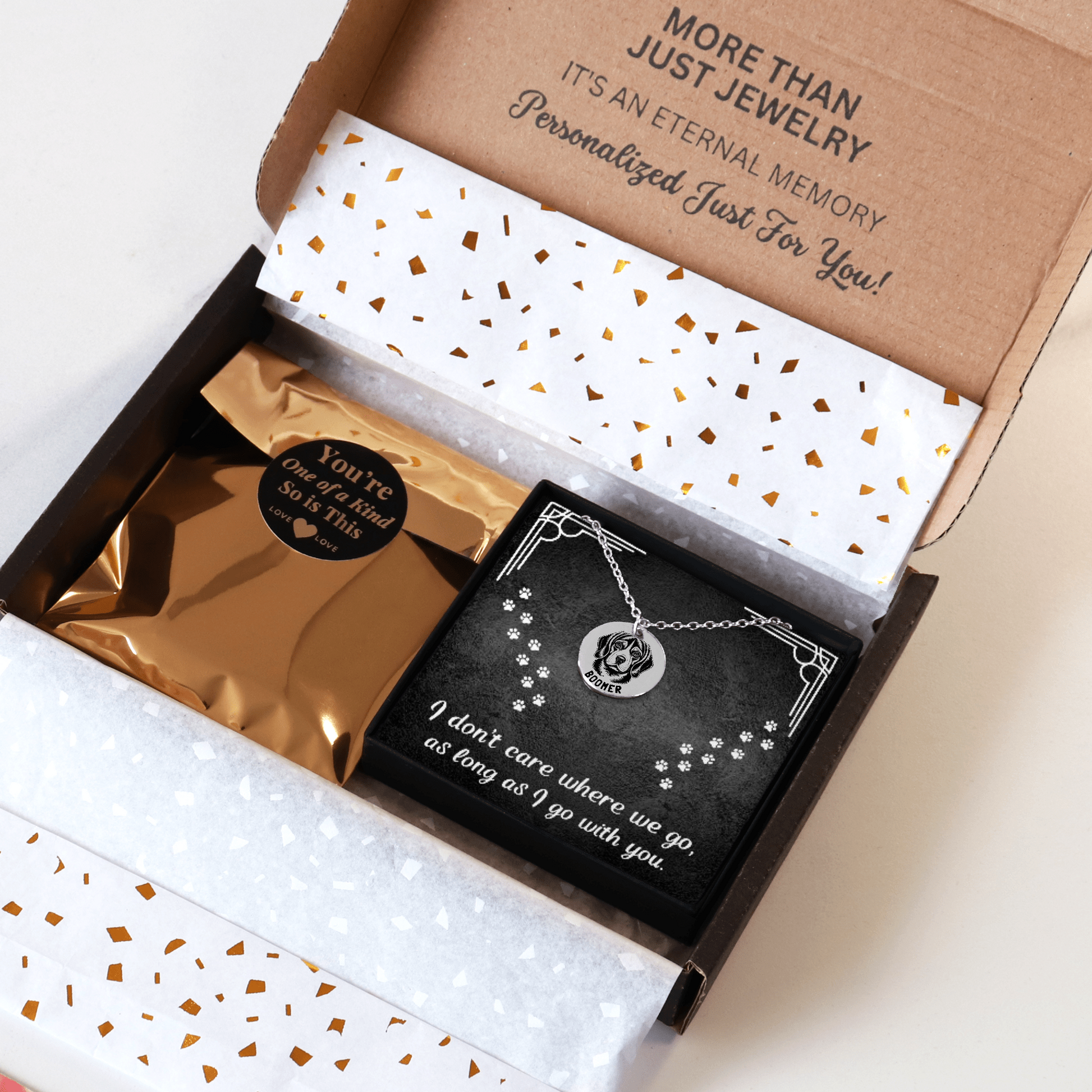 Personalized engraved Beagle silver necklace in a jewelry box with a sweet message card...