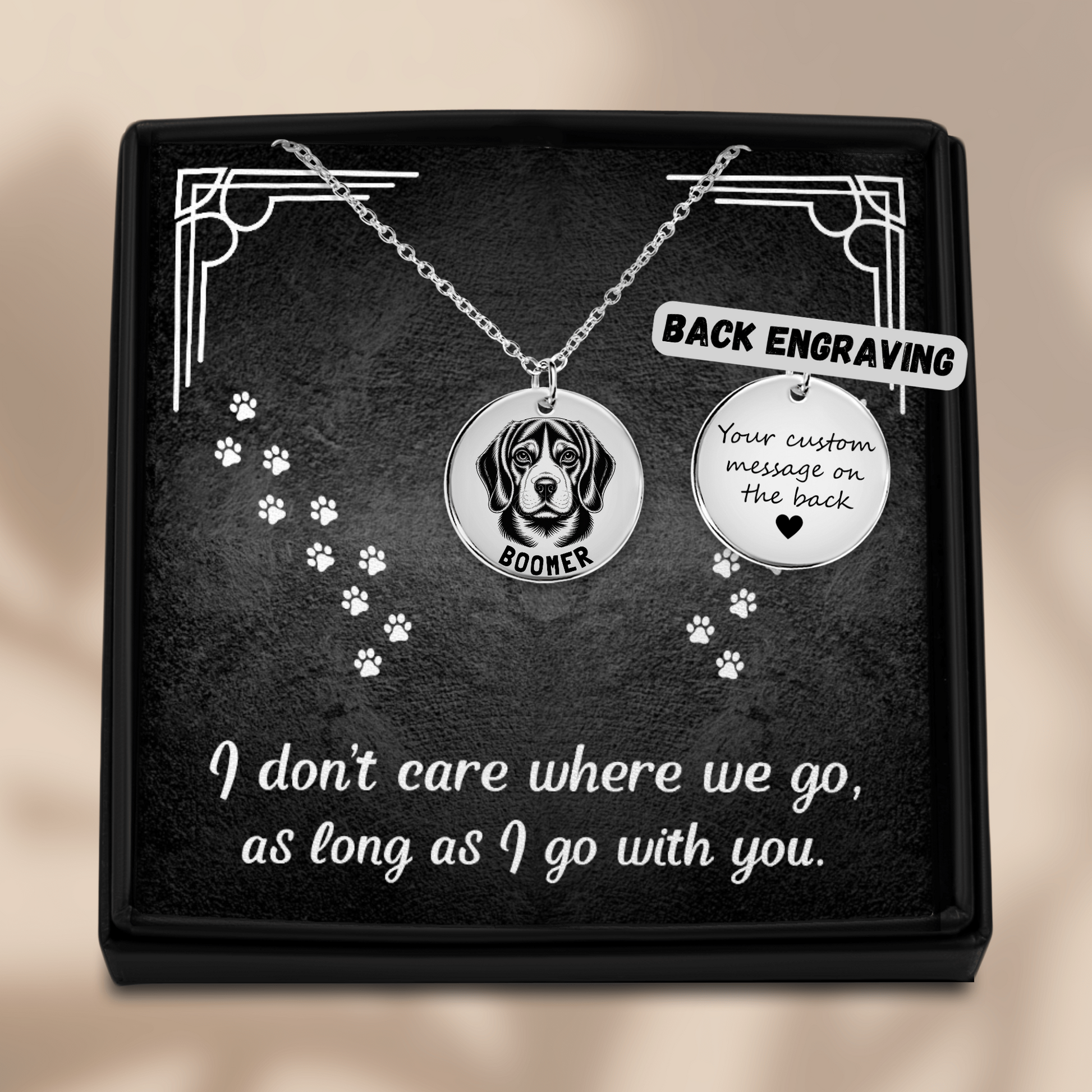Personalized engraved Beagle silver necklace in a jewelry box with a sweet message card