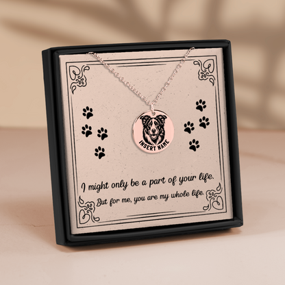 Personalized engraved Border Collie Dog rose gold necklace in jewelry box with loving message card