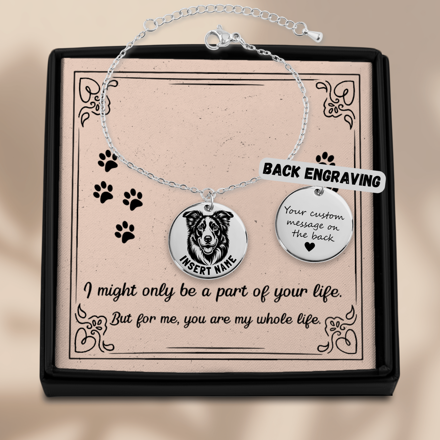 Personalized engraved Border Collie Dog silver bracelet in jewelry box with loving message card