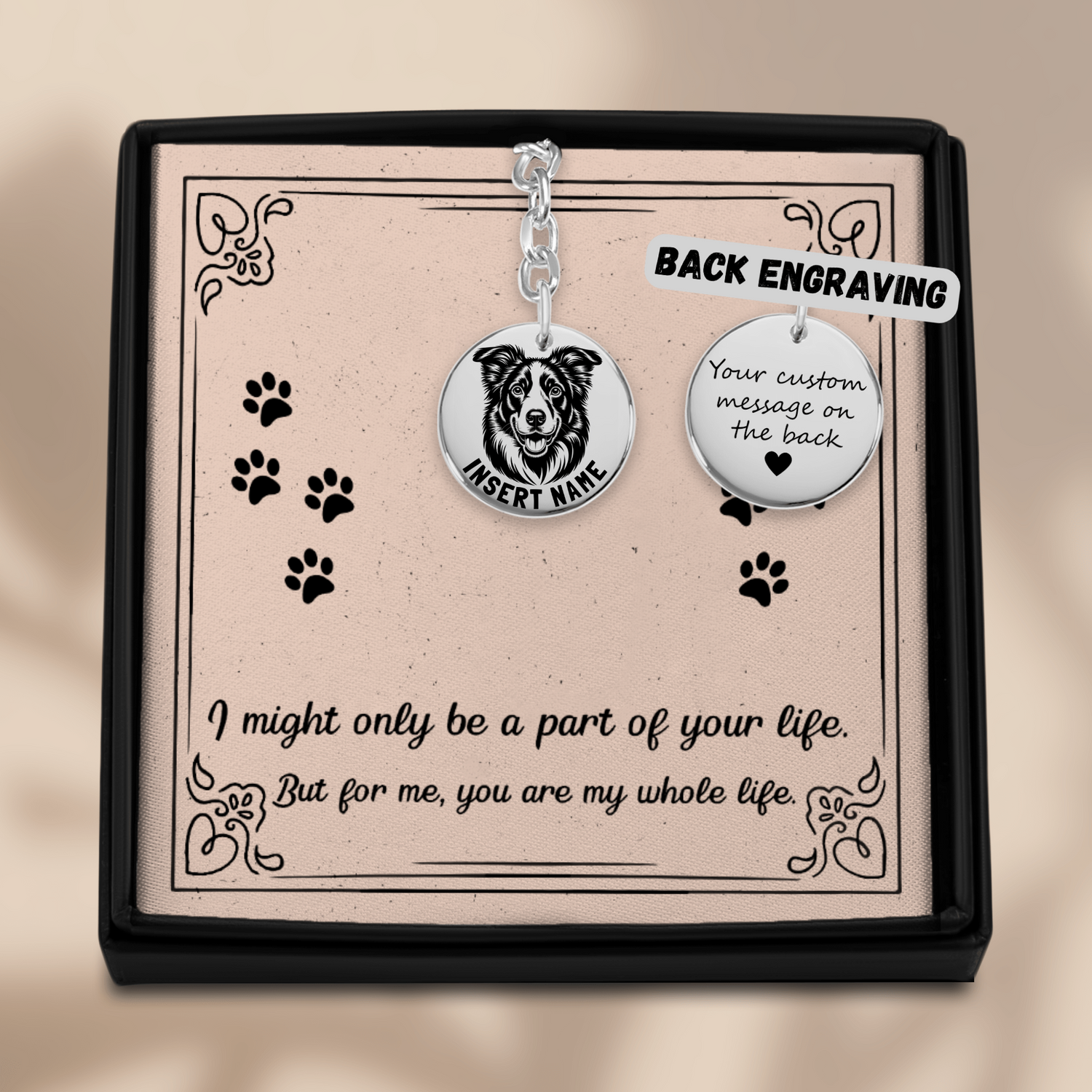 Personalized engraved Border Collie silver keychain in a jewelry box with a loving message card