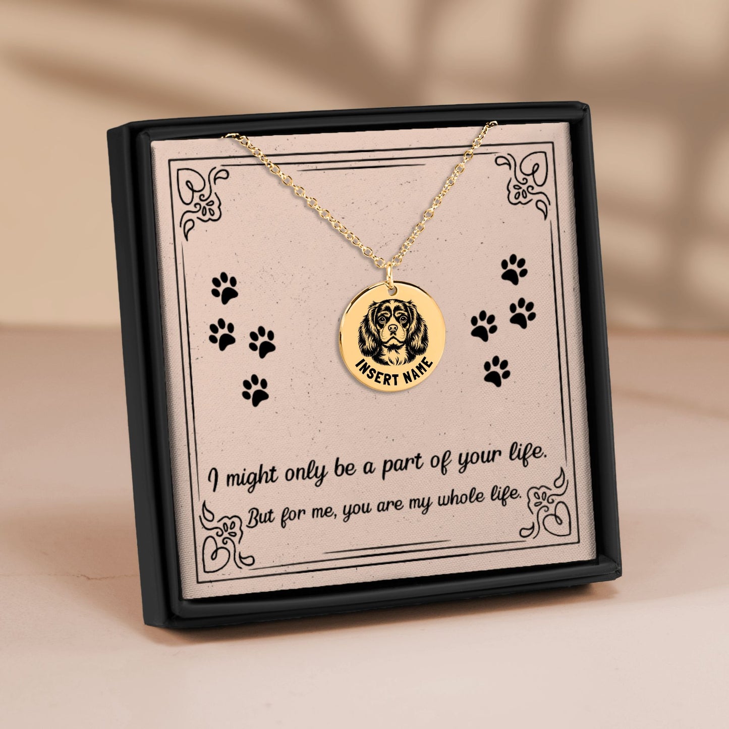 Personalized engraved Cavalier King Dog gold necklace in jewelry box with loving message card