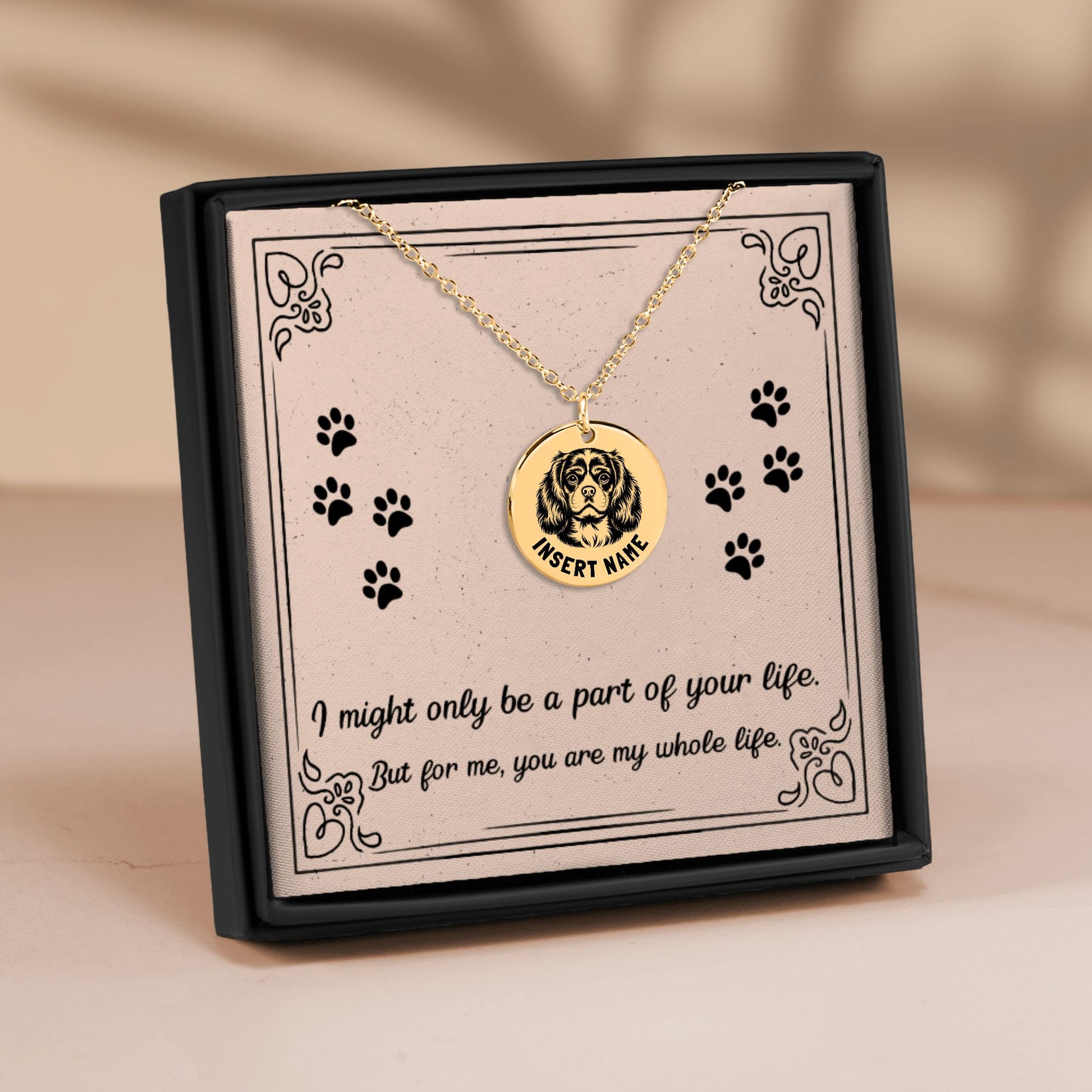 Personalized engraved Cavalier King Dog gold necklace in jewelry box with loving message card