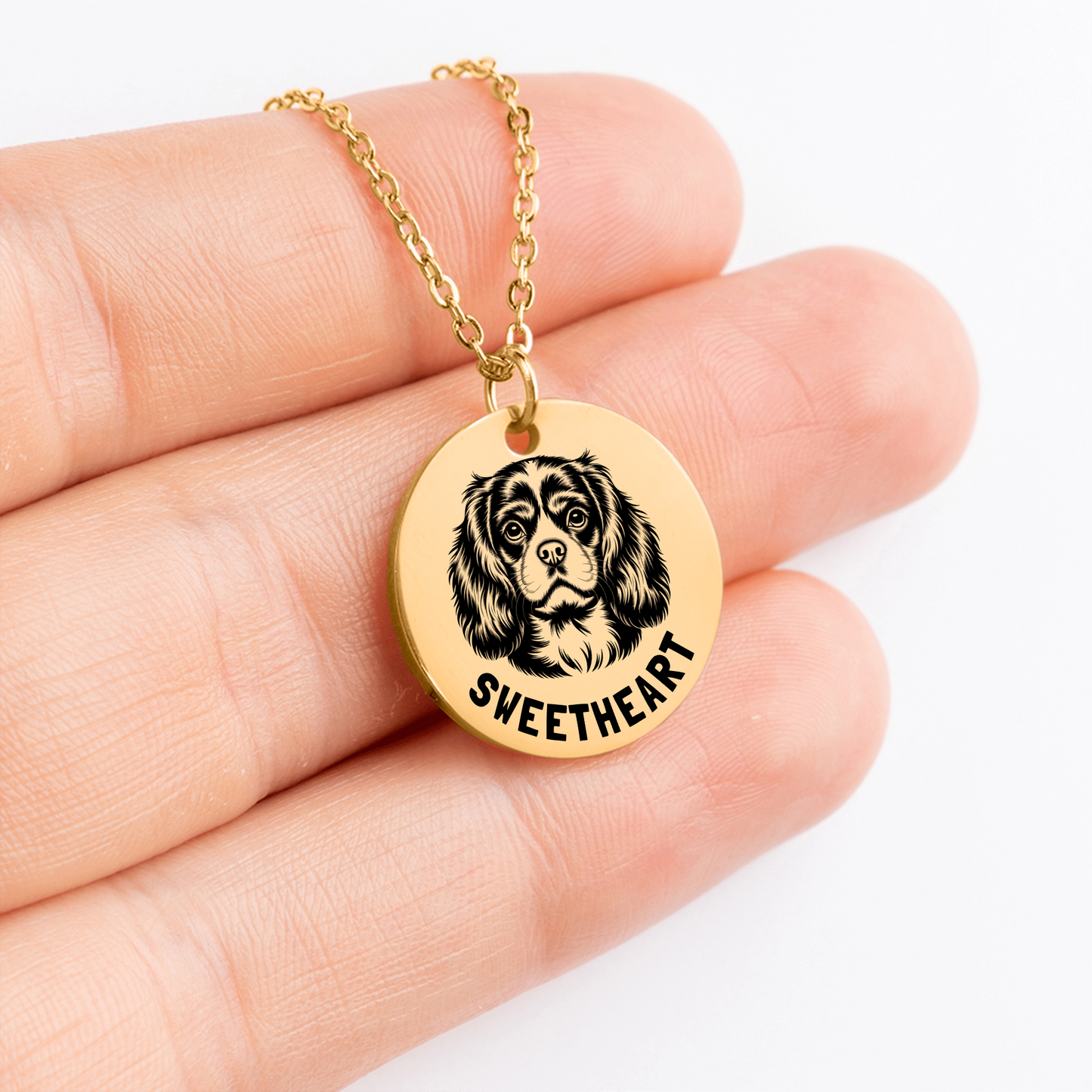 Personalized engraved Cavalier King gold necklace in a jewelry box with a sweet message card.