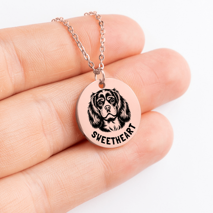 Personalized engraved Cavalier King rose gold necklace in a jewelry box with a sweet message card.