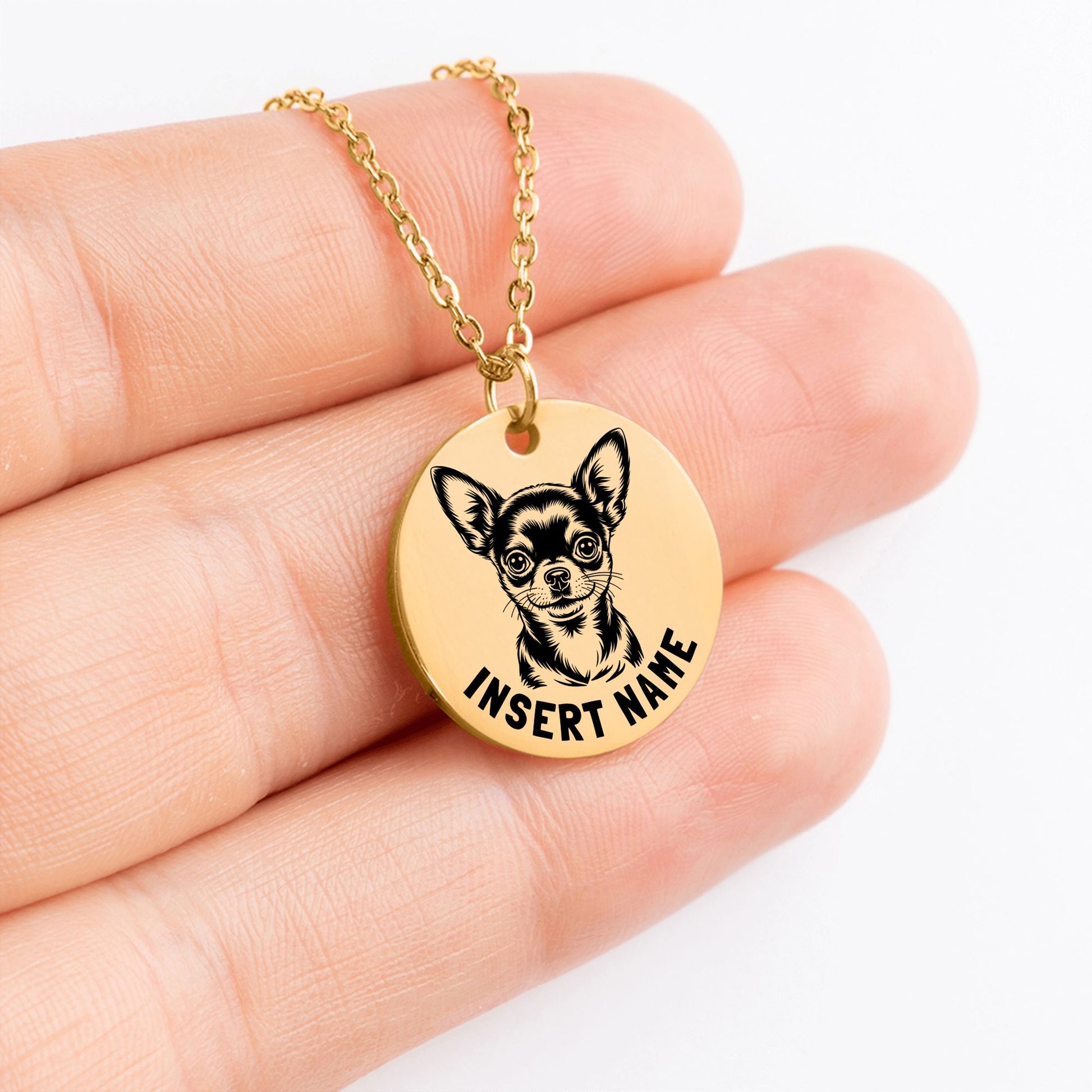 Personalized engraved Chihuahua Dog gold necklace in jewelry box with loving message card..