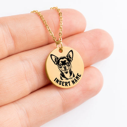 Personalized engraved Chihuahua Dog gold necklace in jewelry box with loving message card..