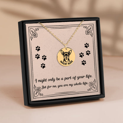 Personalized engraved Chihuahua Dog gold necklace in jewelry box with loving message card.