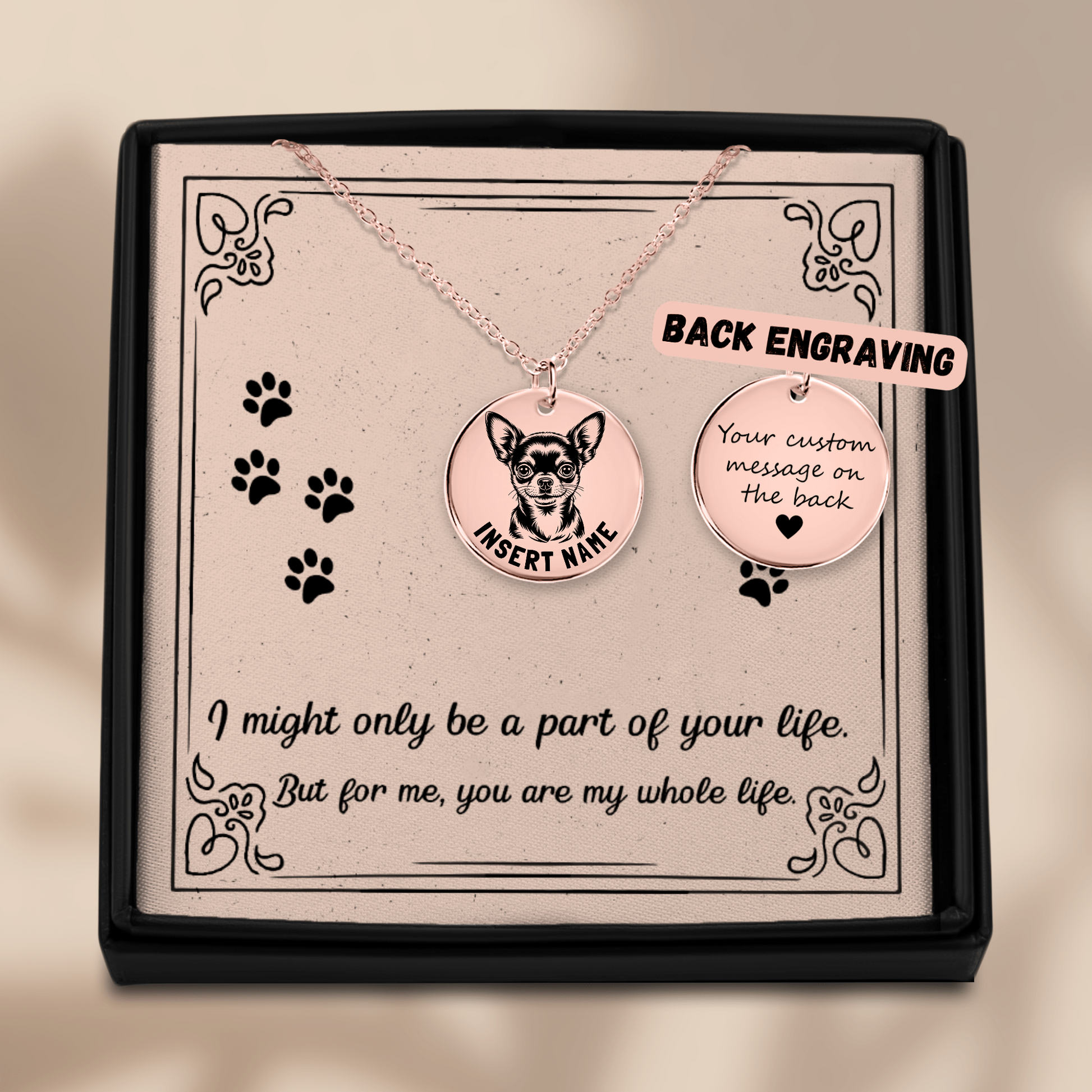 Personalized engraved Chihuahua Dog rose gold necklace in jewelry box with loving message card...