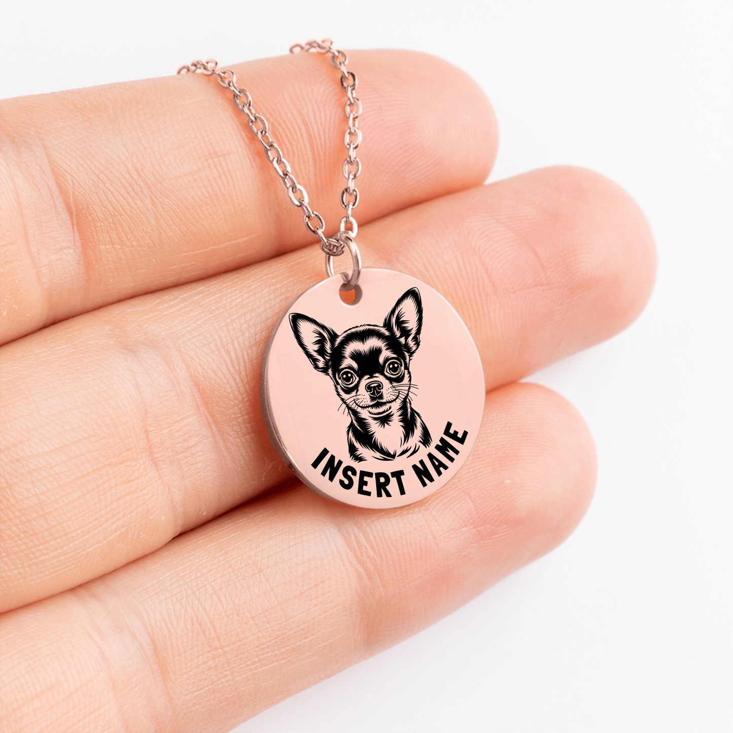 Personalized engraved Chihuahua Dog rose gold necklace in jewelry box with loving message card.