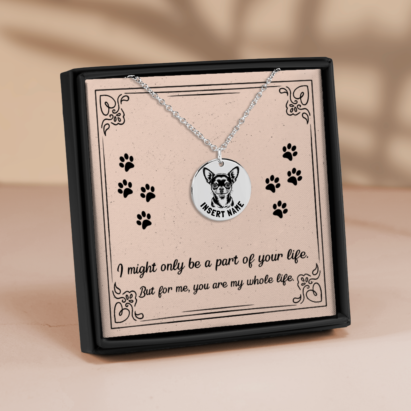 Personalized engraved Chihuahua Dog silver necklace in jewelry box with loving message card..
