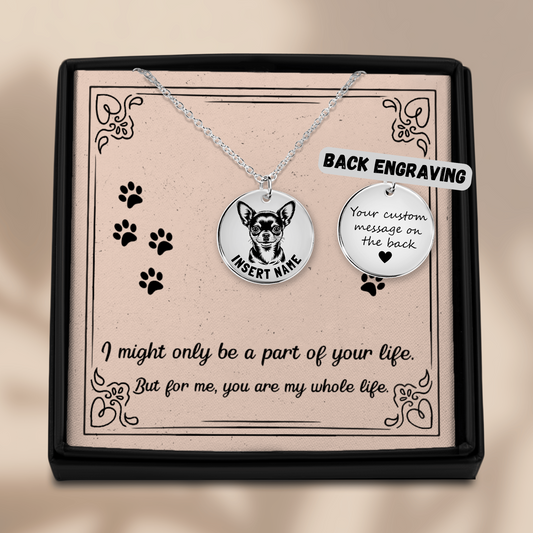 Personalized engraved Chihuahua Dog silver necklace in jewelry box with loving message card