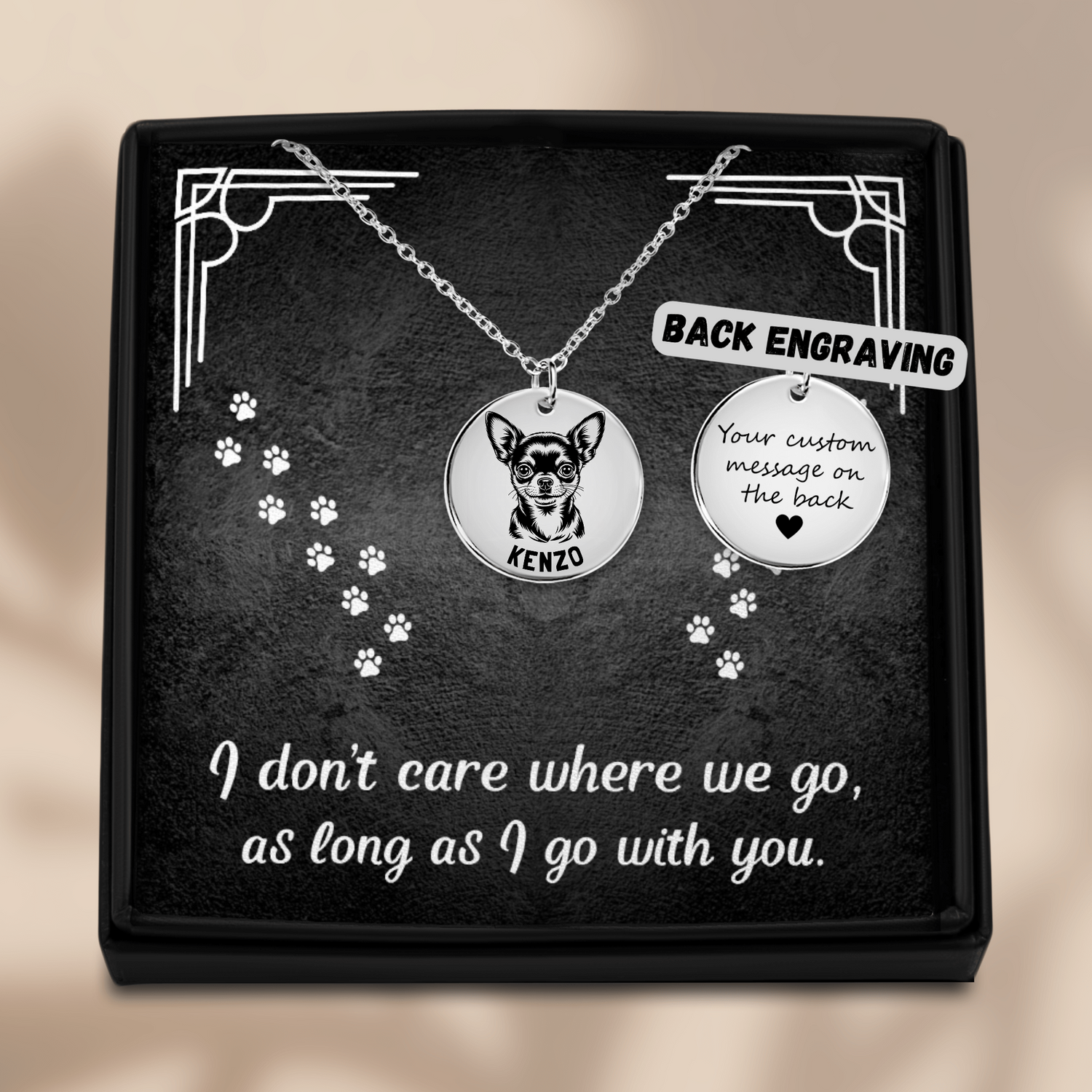 Personalized engraved Chihuahua silver necklace in a jewelry box with a sweet message card