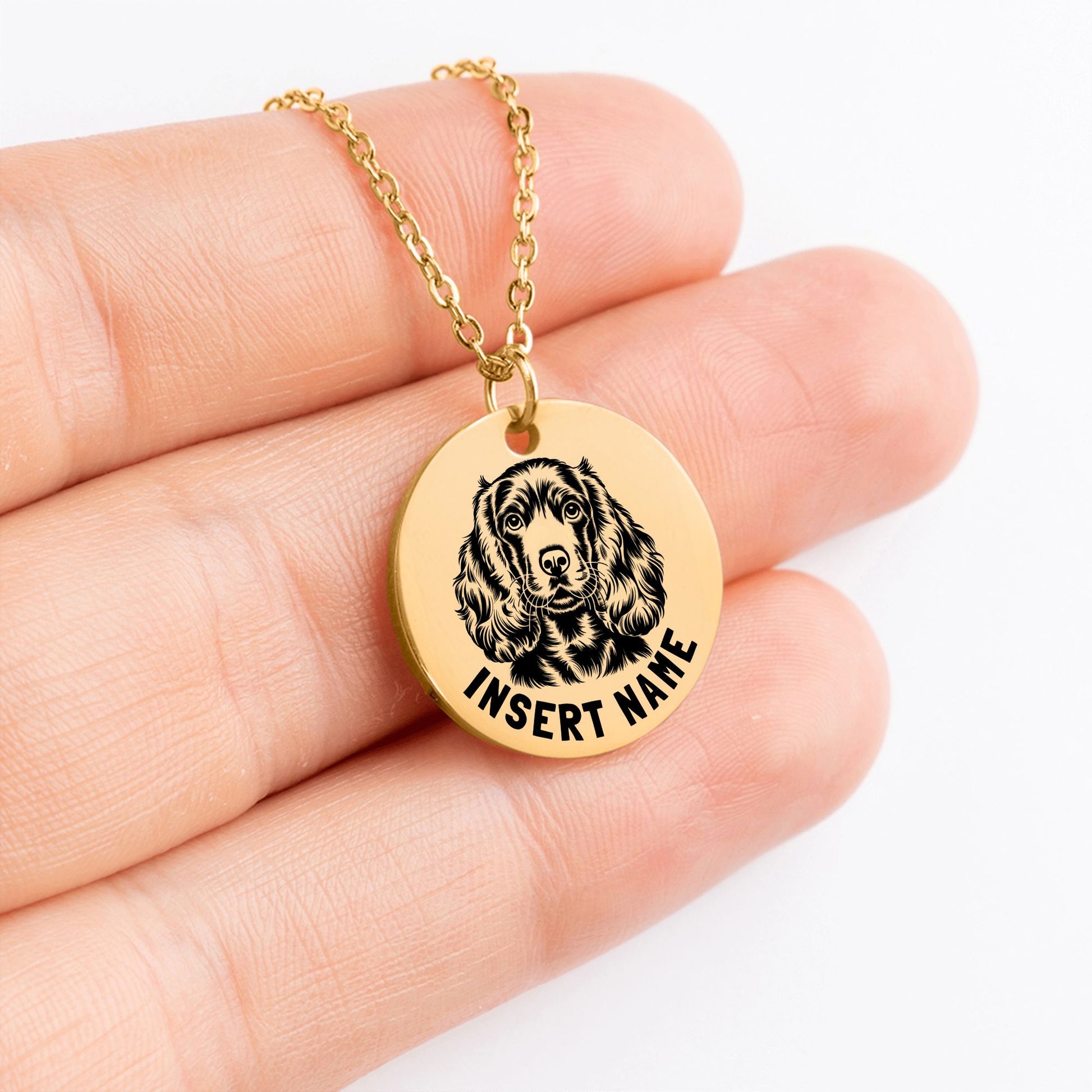 Personalized engraved Cocker Spaniel gold necklace in a jewelry box with a loving message card..